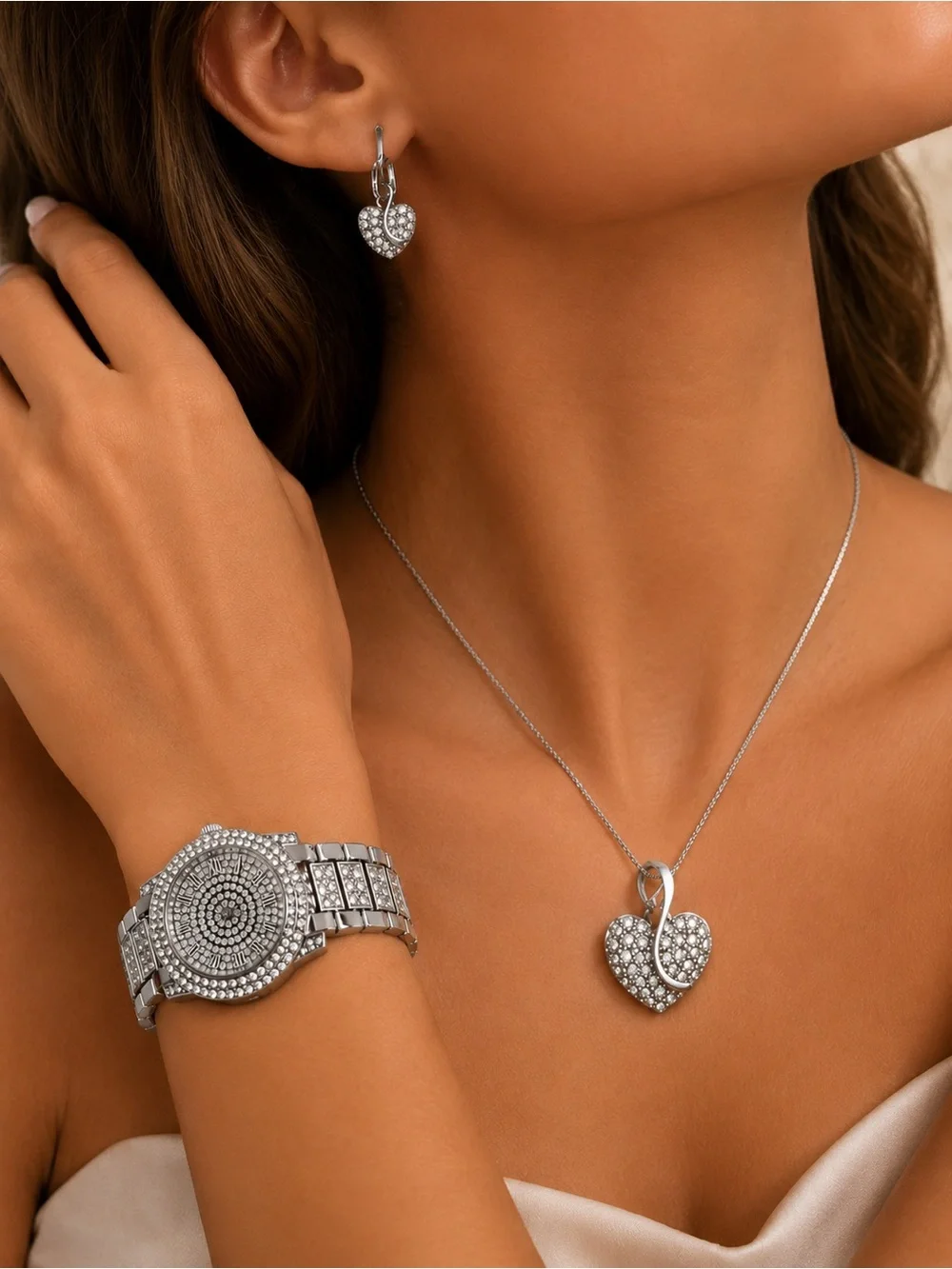 Silver Crystal Heart Necklace and Earring Set with Matching Watch